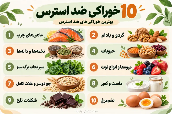 اینفوگرافی لیست بهترین خوراکی های ضد استرس